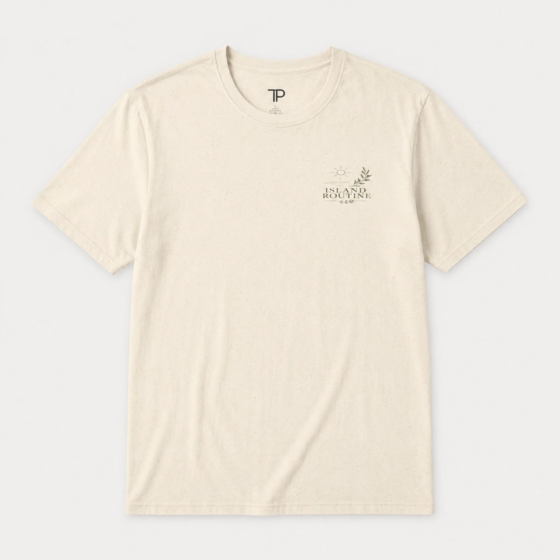 Beige t-shirt with a logo and text on a light gray background