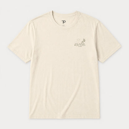 Beige t-shirt with a logo and text on a light gray background