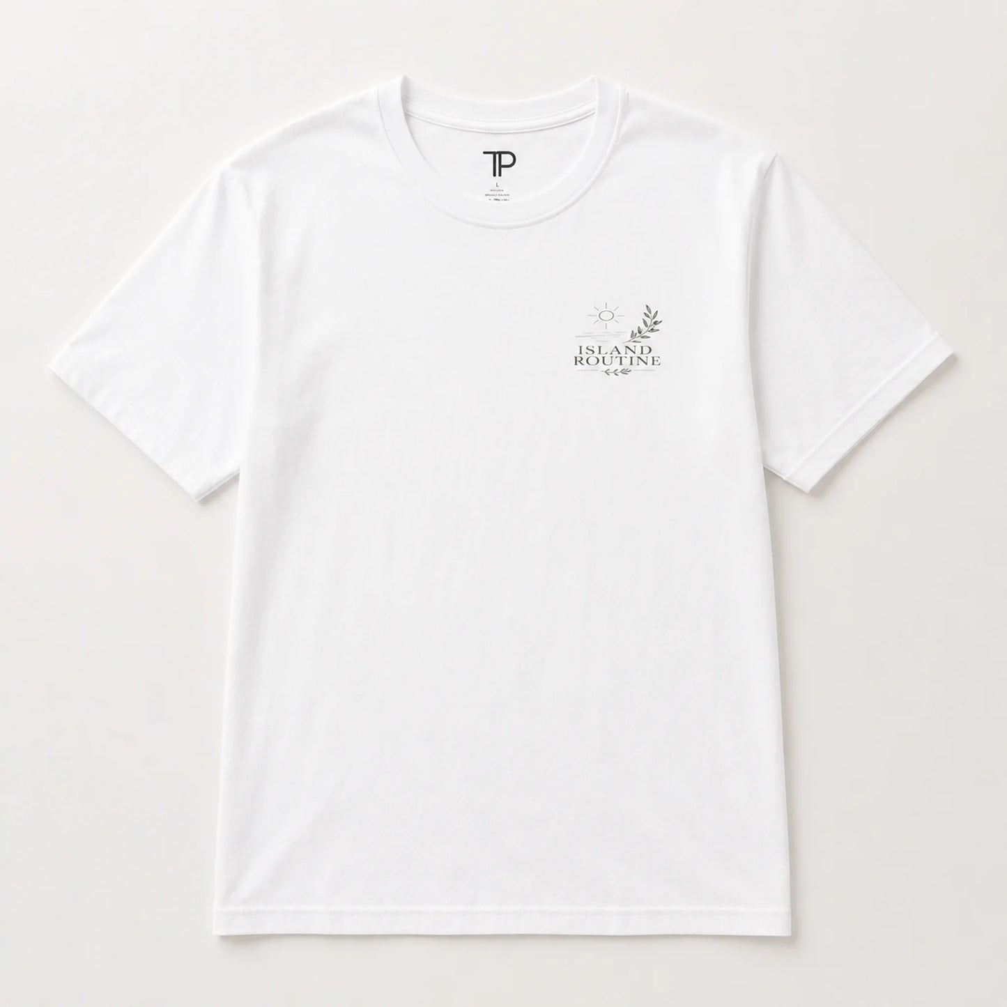 White t-shirt with a logo on a light gray background