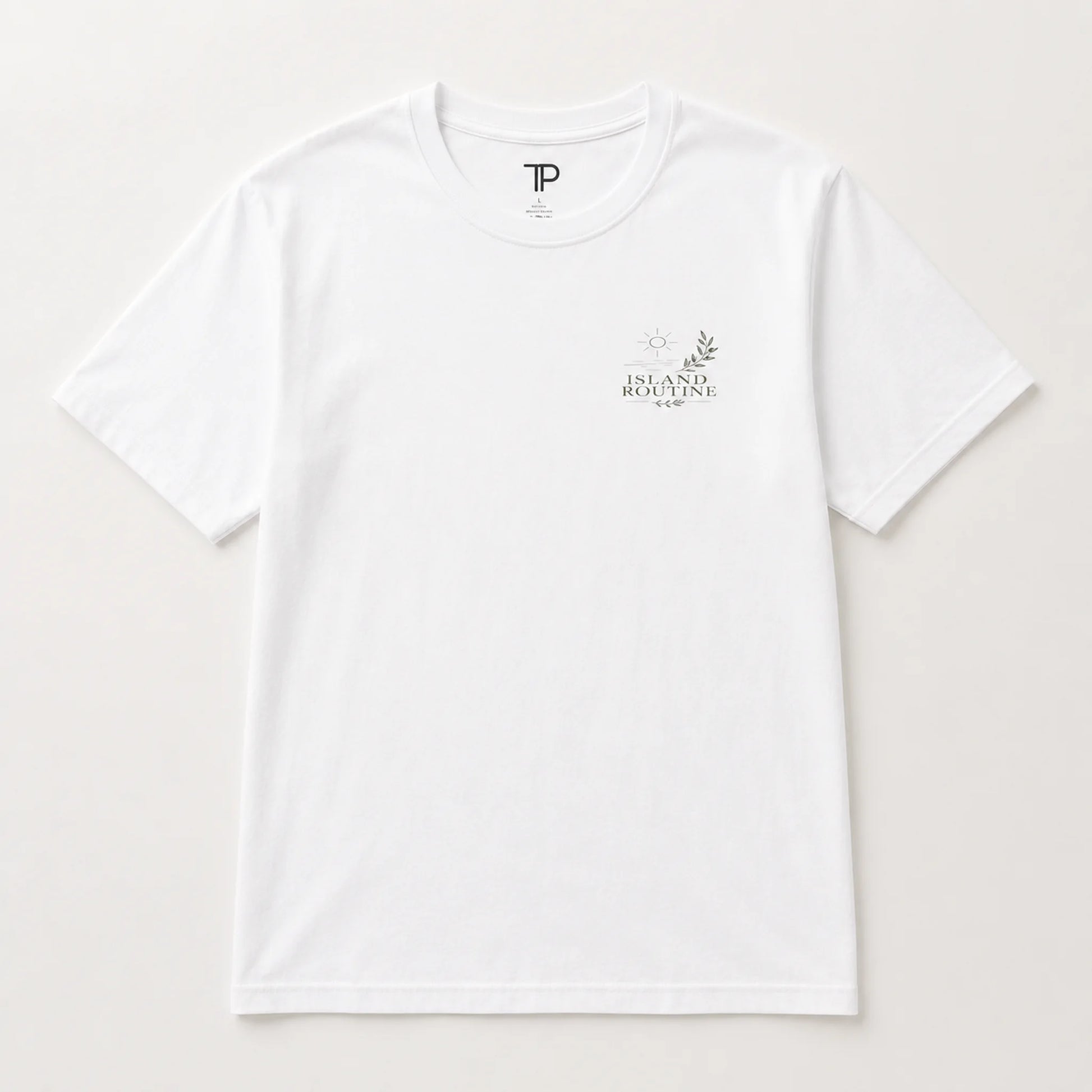 White t-shirt with a logo on a light gray background