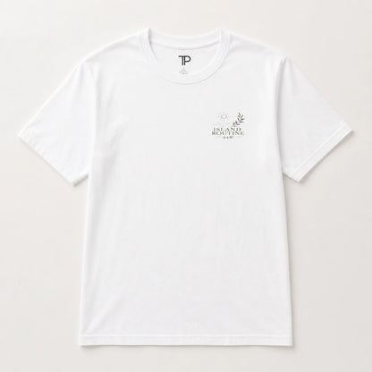 White t-shirt with a logo on a light gray background