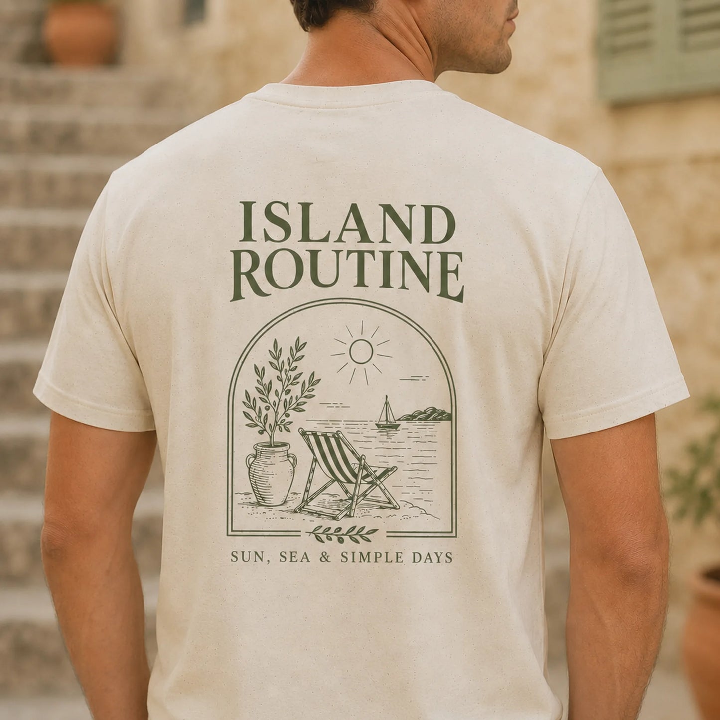 TP HERO: Person wearing a t-shirt with 'Island Routine' design outdoors.