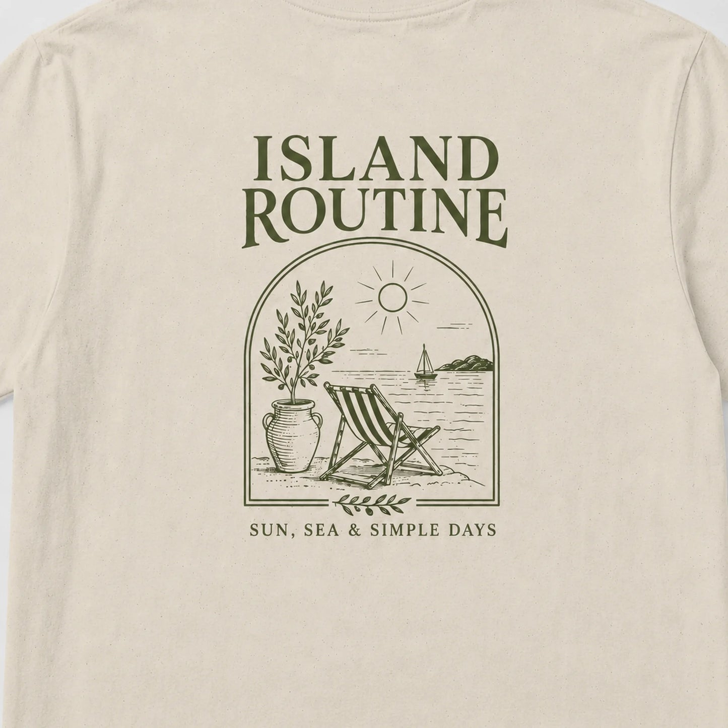 Beige t-shirt with 'Island Routine' graphic design featuring a beach scene.