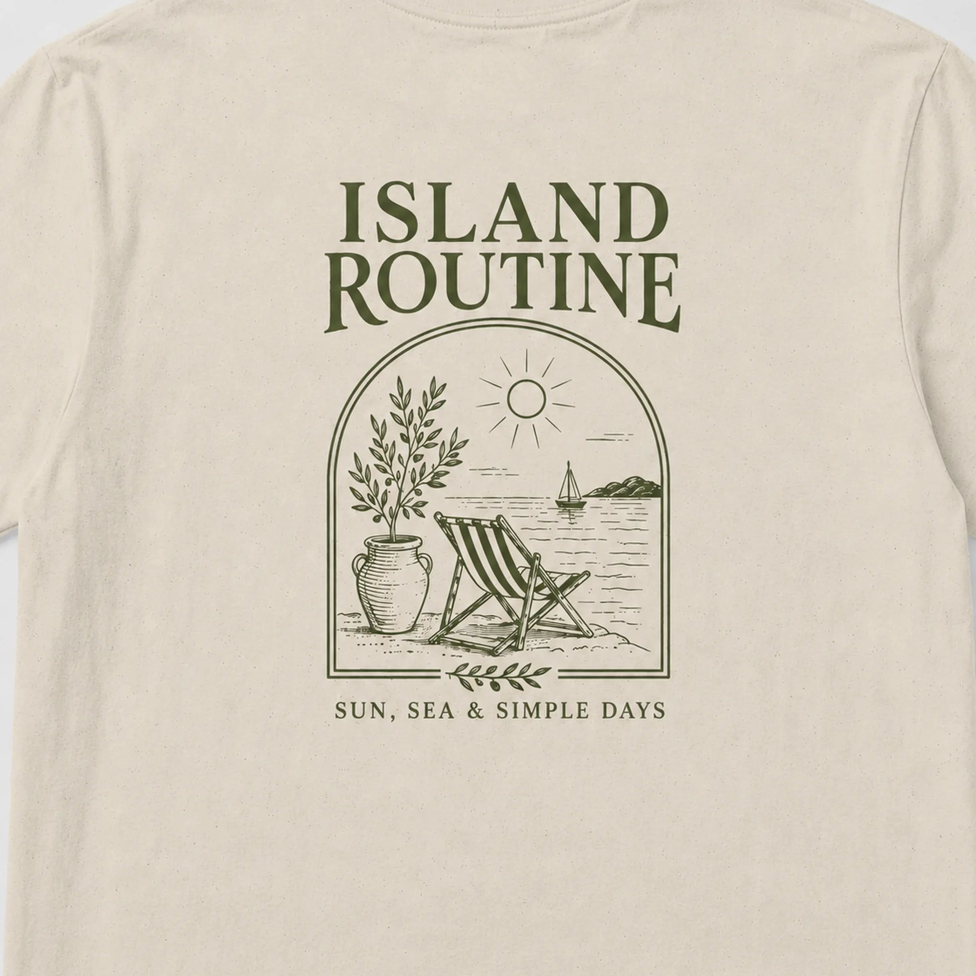 Beige t-shirt with 'Island Routine' graphic design featuring a beach scene.