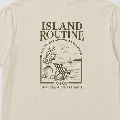 Beige t-shirt with 'Island Routine' graphic design featuring a beach scene.