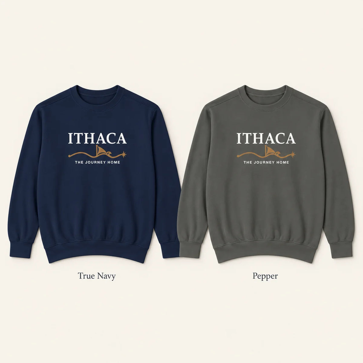 Two crewneck sweatshirts shown side by side on a light beige background. The left sweatshirt is navy blue and labeled 'True Navy,' and the right sweatshirt is dark gray and labeled 'Pepper.