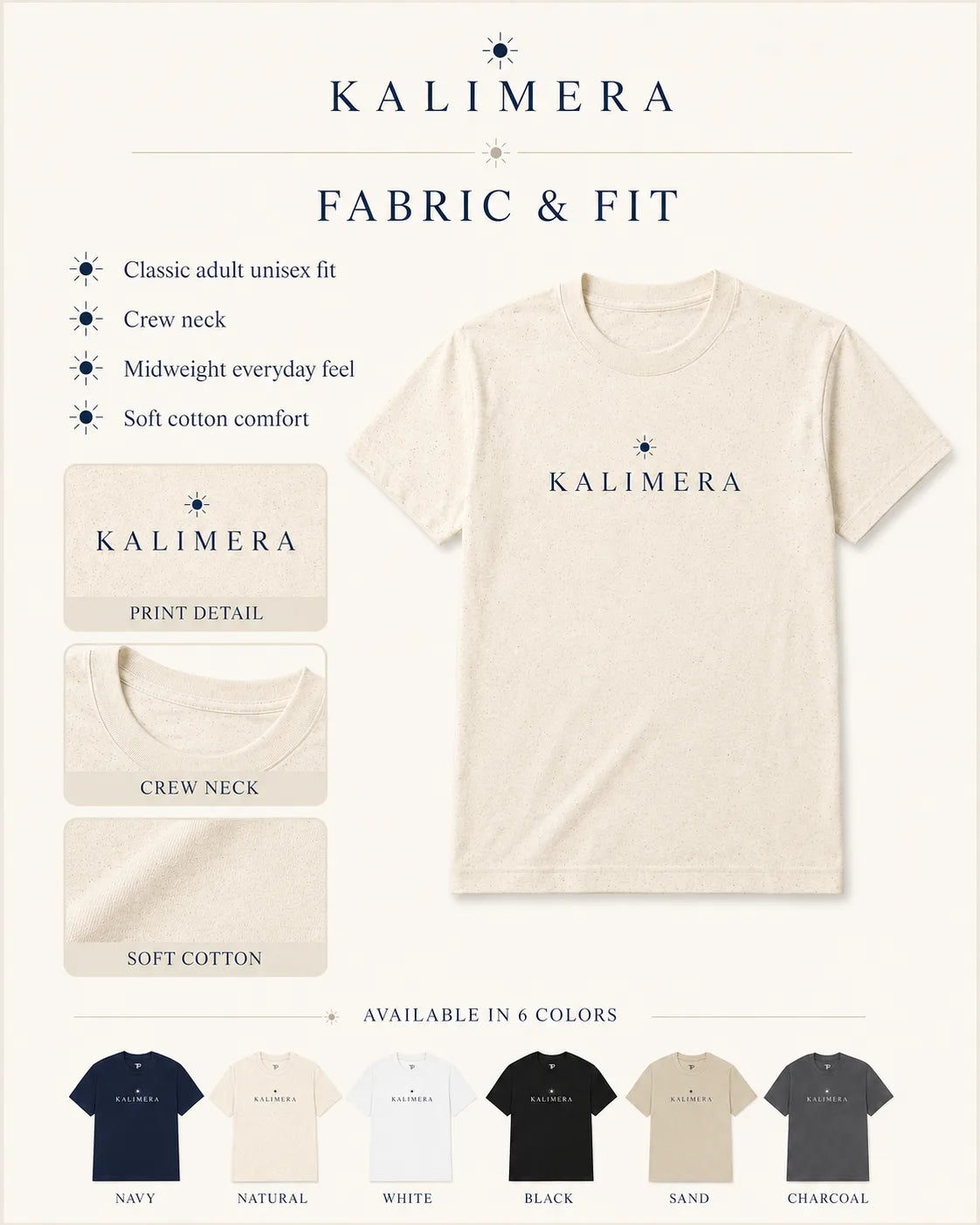 A product information graphic for the Kalimera brand showing a natural-colored short-sleeve crewneck t-shirt. The graphic includes text describing the classic unisex fit, crew neck, midweight everyday feel, and soft cotton comfort.