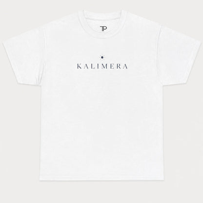 A white short-sleeve crewneck t-shirt with 'KALIMERA' printed in navy blue across the chest, flanked by a small navy star graphic, shown on a light gray background.