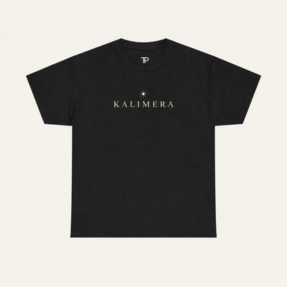 A black short-sleeve crewneck t-shirt with 'KALIMERA' printed in gold across the chest, accompanied by a small gold star graphic, shown against a light cream background.