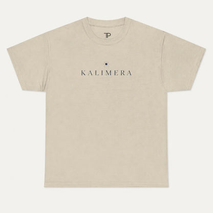 A sand crewneck t-shirt with 'KALIMERA' printed in dark gray across the chest, flanked by a small dark star logo, shown on a light gray background.