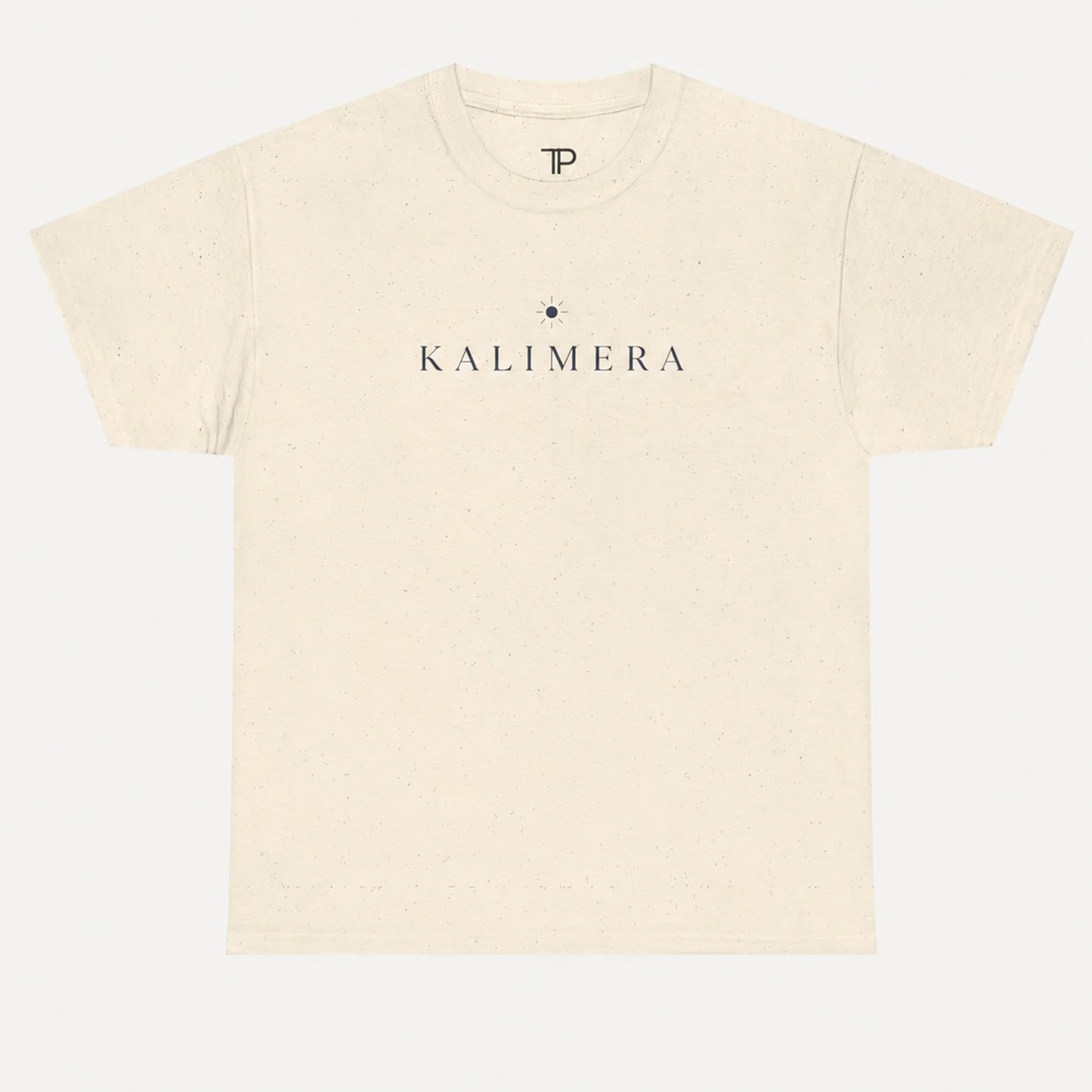 A natural short-sleeve crewneck t-shirt with 'KALIMERA' printed in dark navy serif font across the chest, accompanied by a small star graphic. The brand logo 'P' is visible inside the collar.