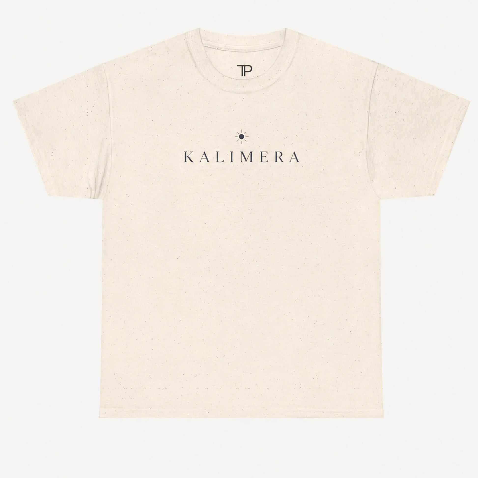A natural short-sleeve crewneck t-shirt with 'KALIMERA' printed in dark navy serif font across the chest, accompanied by a small star graphic. The brand logo 'P' is visible inside the collar.