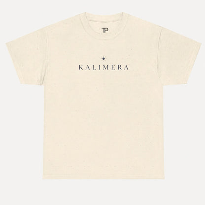 A natural short-sleeve crewneck t-shirt with 'KALIMERA' printed in dark navy serif font across the chest, accompanied by a small star graphic. The brand logo 'P' is visible inside the collar.