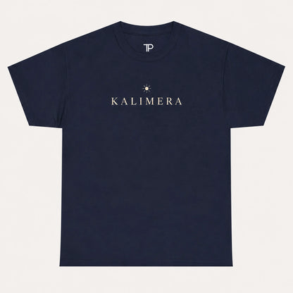A navy blue short-sleeve crewneck t-shirt with 'KALIMERA' printed in gold on the chest, accompanied by a small gold sun graphic. The inner neck features a white 'TP' logo.
