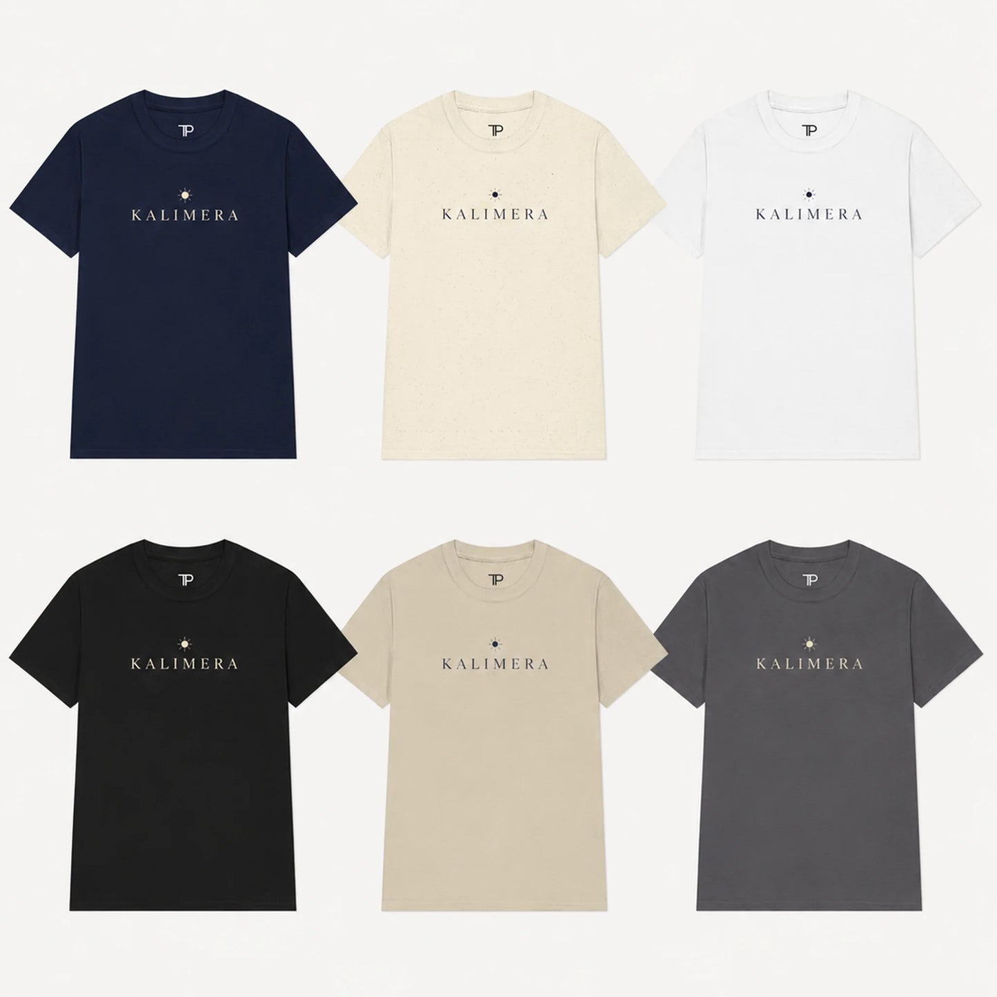 Six Kalimera short-sleeve crewneck t-shirts arranged in a 2x3 grid on a light gray background, showing navy, natural, white, black, sand, and charcoal color options. Each shirt features the brand name 'KALIMERA' printed across the chest with a small star logo.
