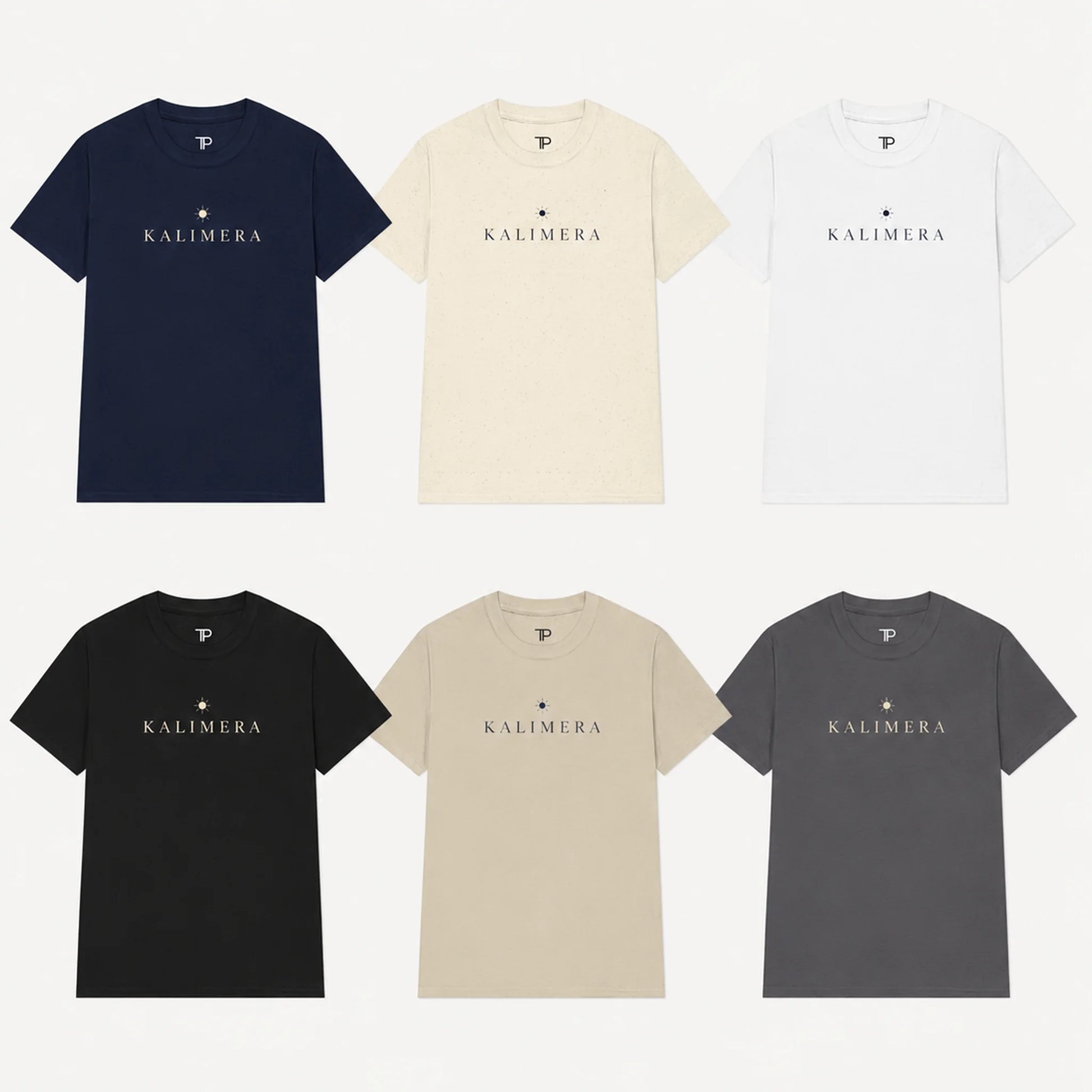 Six Kalimera short-sleeve crewneck t-shirts arranged in a 2x3 grid on a light gray background, showing navy, natural, white, black, sand, and charcoal color options. Each shirt features the brand name 'KALIMERA' printed across the chest with a small star logo.