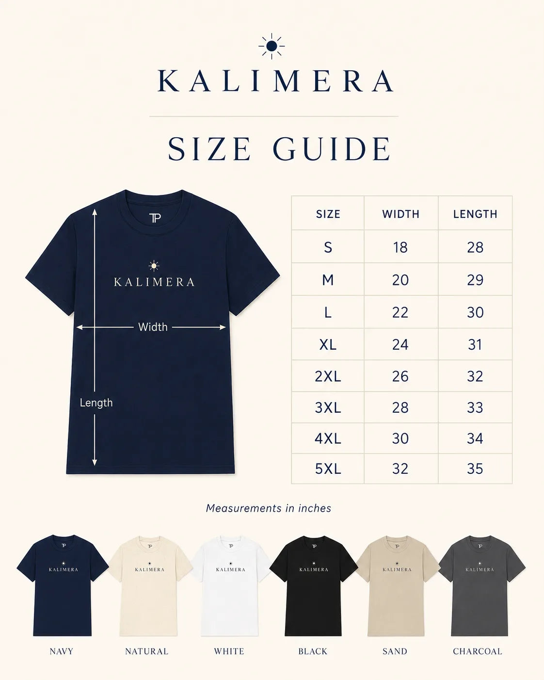 A size guide infographic for the Kalimera brand, featuring a navy blue t-shirt with dimension arrows indicating width and length, a size chart table from S to 5XL with measurements in inches, and a row of color options at the bottom including navy, natural, white, black, sand, and charcoal.