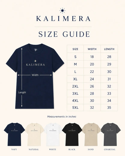 A size guide infographic for the Kalimera brand, featuring a navy blue t-shirt with dimension arrows indicating width and length, a size chart table from S to 5XL with measurements in inches, and a row of color options at the bottom including navy, natural, white, black, sand, and charcoal.
