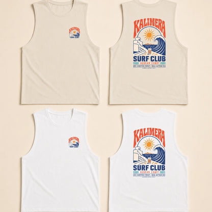Four sleeveless tank tops arranged in a 2x2 grid on a warm beige background. Two tops are off-white and two are white, each shown from the front and back.