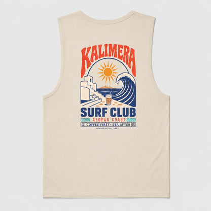 Ecru sleeveless tank top with a colorful retro-style graphic on the front featuring the text 'KALIMERA SURF CLUB' and a wave, sun, and beach illustration.