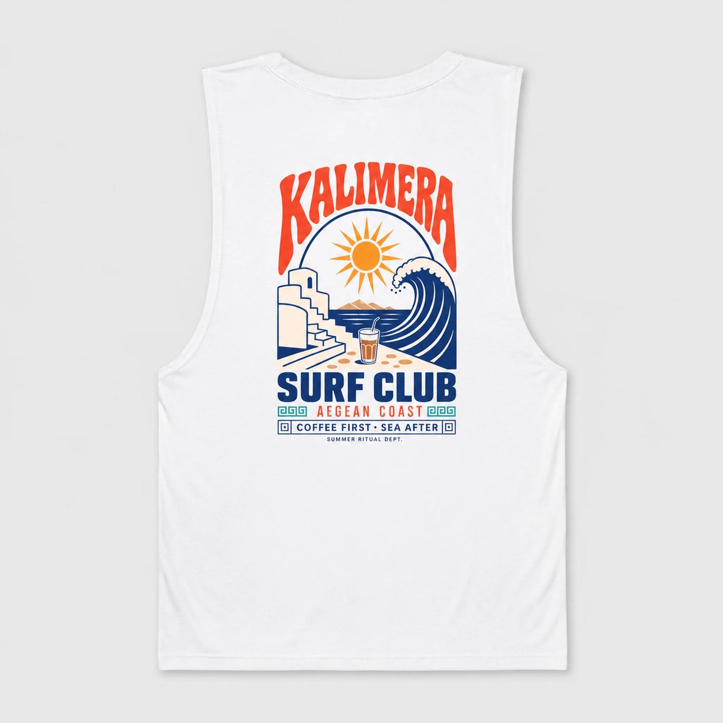 White sleeveless tank top with a colorful retro-style graphic on the front featuring the text 'KALIMERA SURF CLUB' and a wave, sun, and beach illustration.