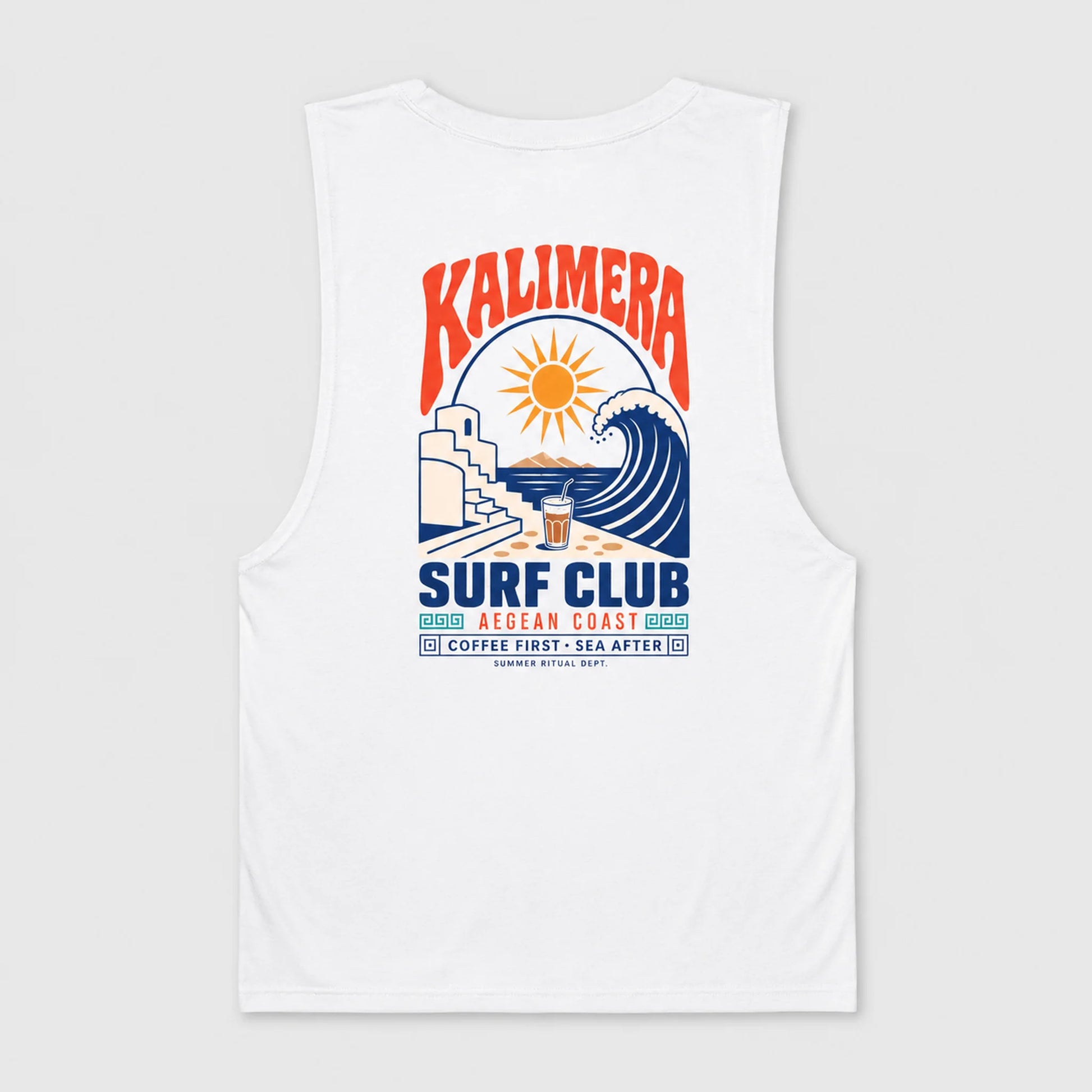 White sleeveless tank top with a colorful retro-style graphic on the front featuring the text 'KALIMERA SURF CLUB' and a wave, sun, and beach illustration.