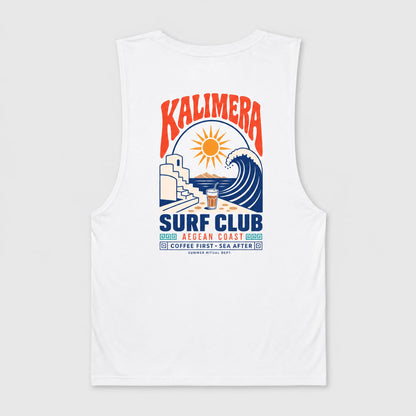 White sleeveless tank top with a colorful retro-style graphic on the front featuring the text 'KALIMERA SURF CLUB' and a wave, sun, and beach illustration.