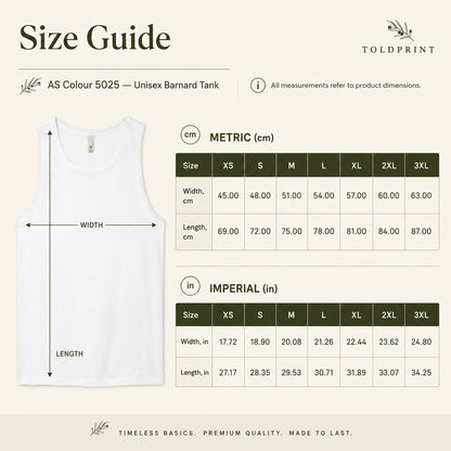 A size guide infographic for the Toldprint As Colour 5025 Unisex Barnard Tank. The left side shows a white tank top with arrows indicating width and length measurements.
