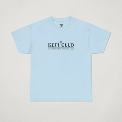 Light blue t-shirt with 'KEFI CLUB' text on a light gray background