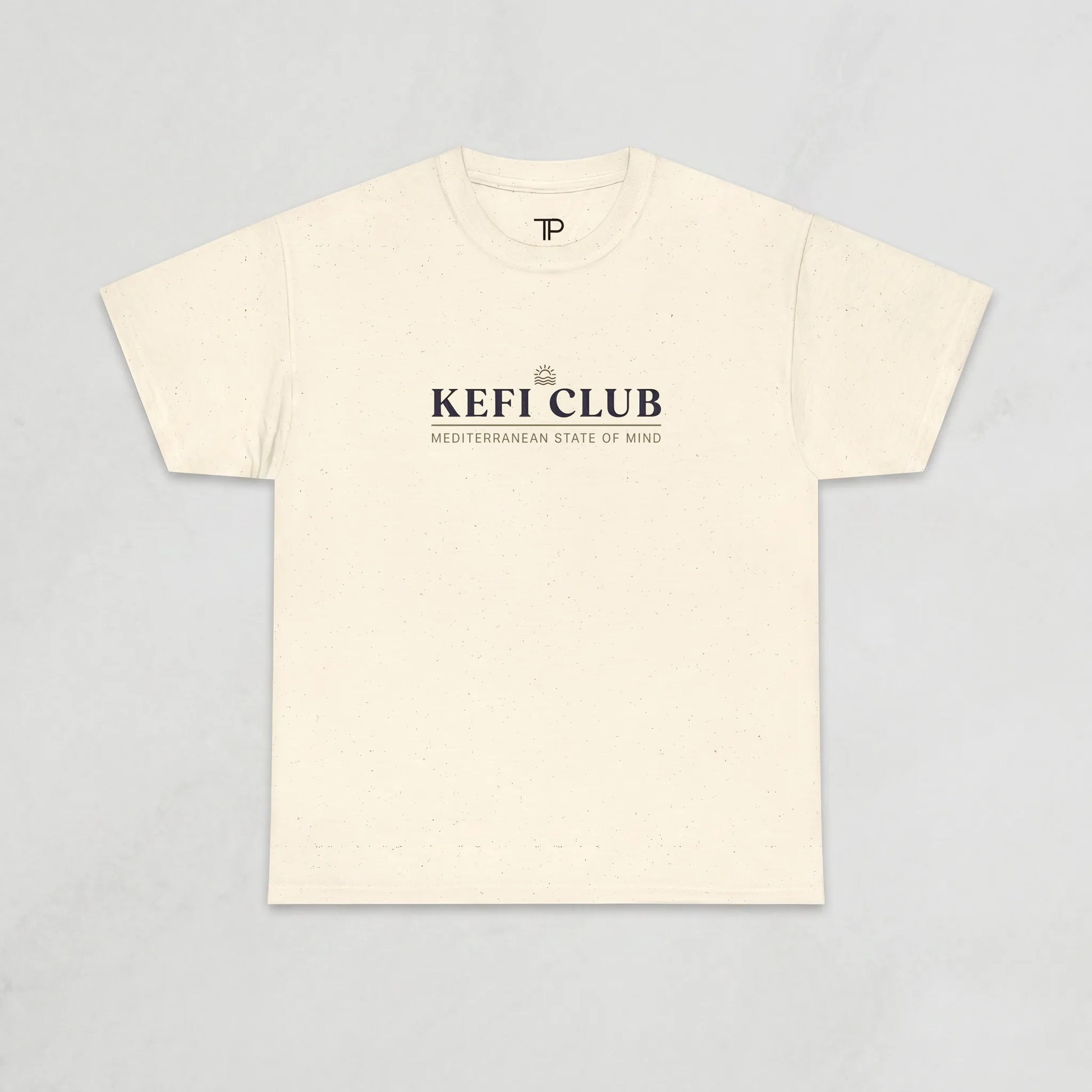 Beige t-shirt with 'KEFI CLUB' text on a light gray background