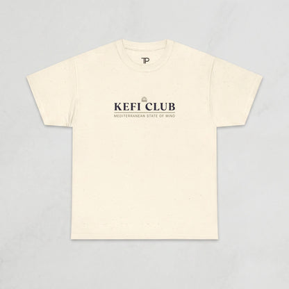 Beige t-shirt with 'KEFI CLUB' text on a light gray background