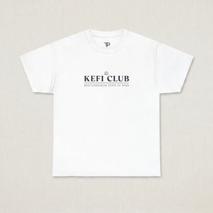 White t-shirt with 'KEFI CLUB' text on a beige background