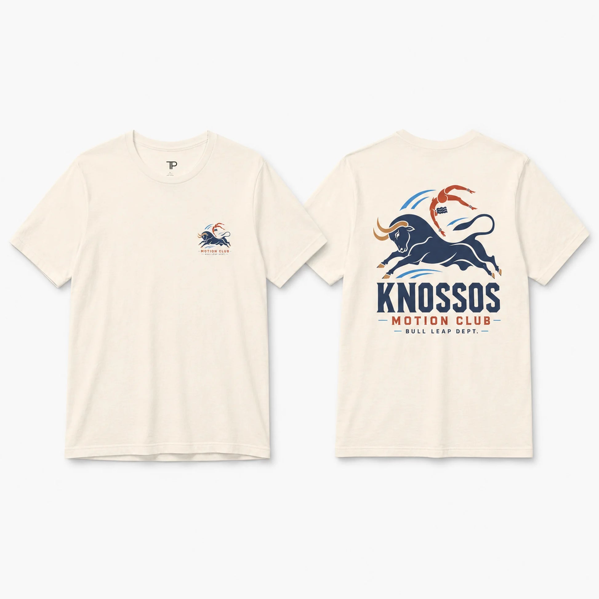 Beige t-shirt with Knossos Motion Club logo on a white background