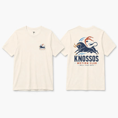 Beige t-shirt with Knossos Motion Club logo on a white background