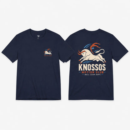 Navy blue t-shirt withKnossos Motion Club logo on front and back