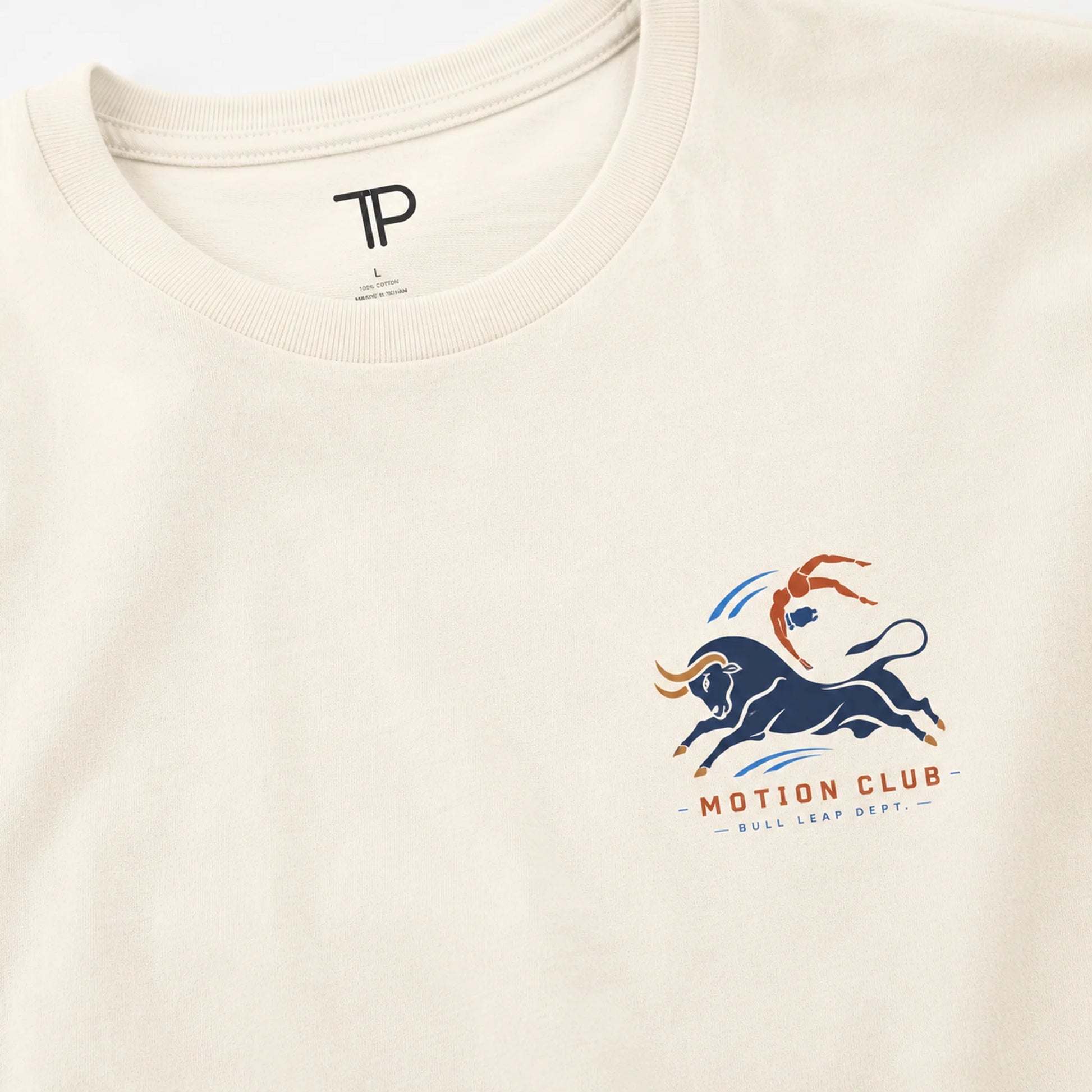 Beige t-shirt with 'Motion Club' logo featuring a bull and a person on a white background