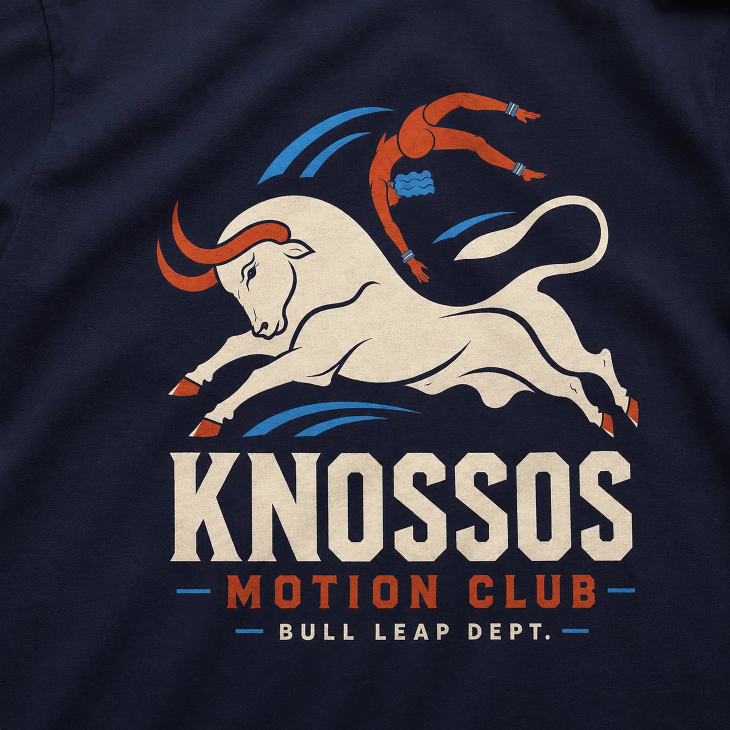 Navy blue t-shirt with a bull and diver graphic and 'Knossos Motion Club' text.