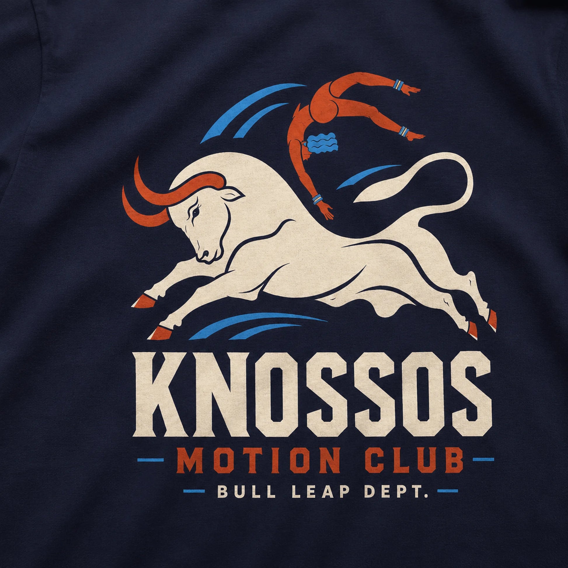 Navy blue t-shirt with a bull and diver graphic and 'Knossos Motion Club' text.