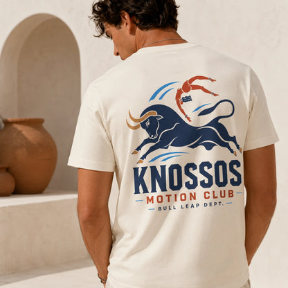 TP HERO: Person wearing a natural t-shirt with a bull and swimmer graphic and 'Knossos Motion Club' text.