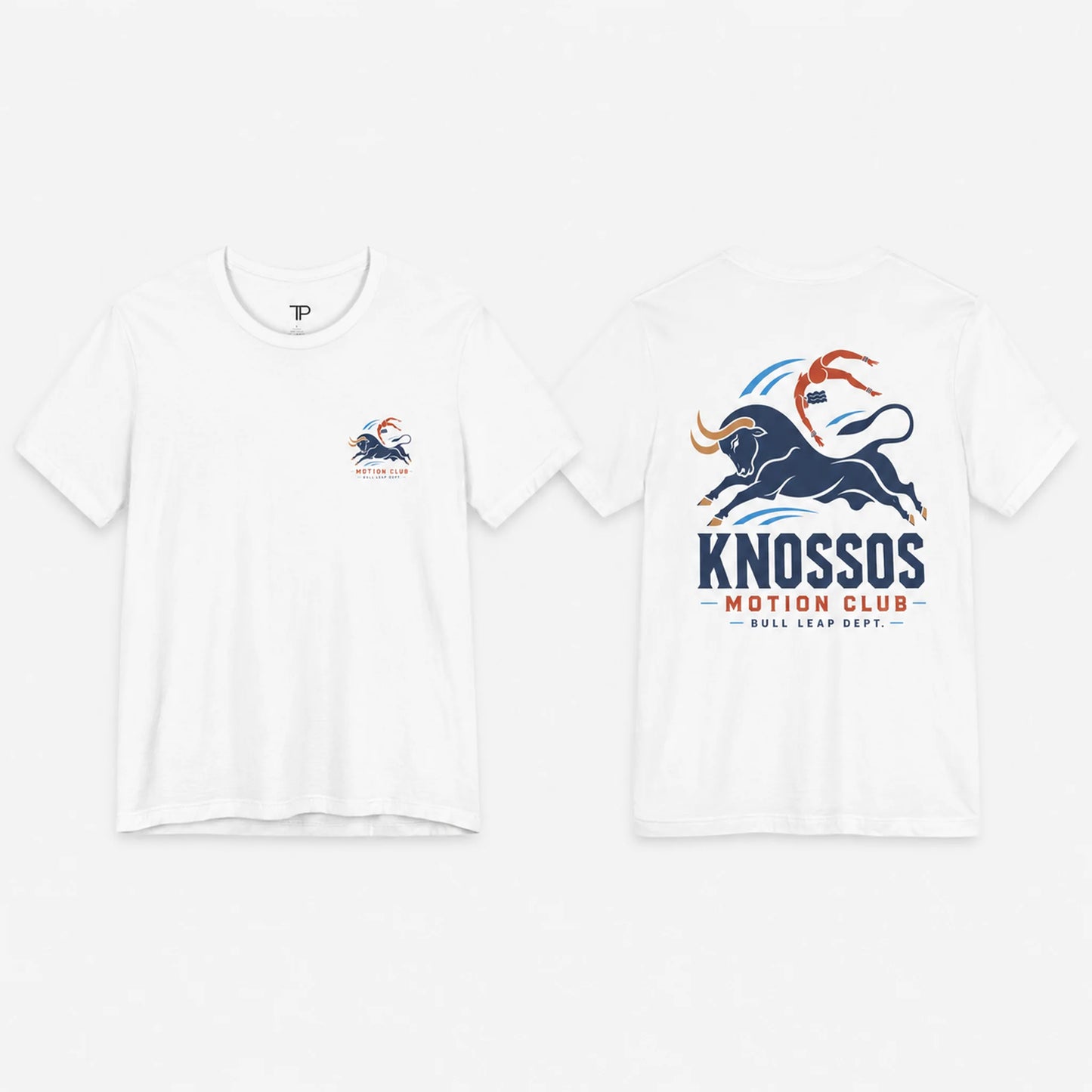 White t-shirt with 'Knossos Motion Club' logo on a white background