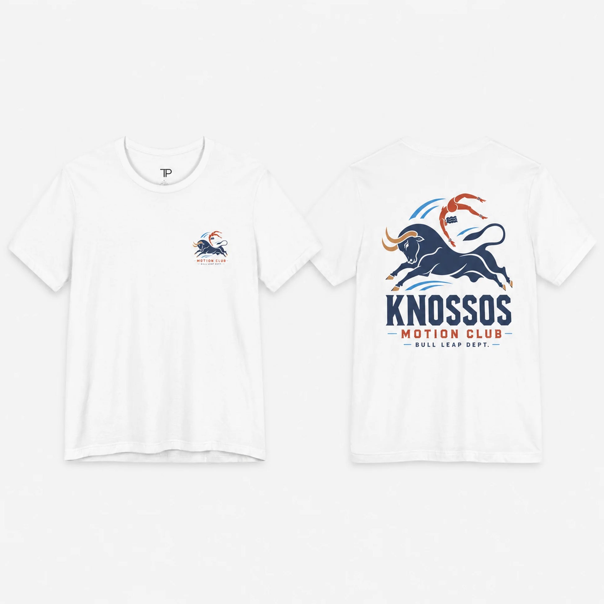 White t-shirt with 'Knossos Motion Club' logo on a white background
