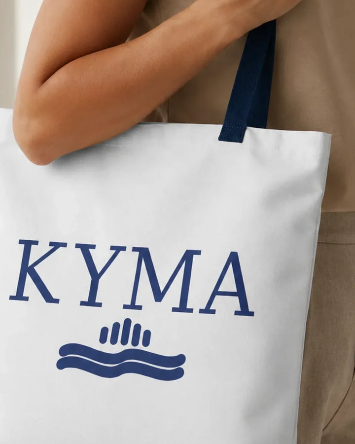 KYMA Tote Bag with Navy Straps, Mediterranean Wave Graphic Everyday Bag, ToldPrint Mediterranean graphic tote bag