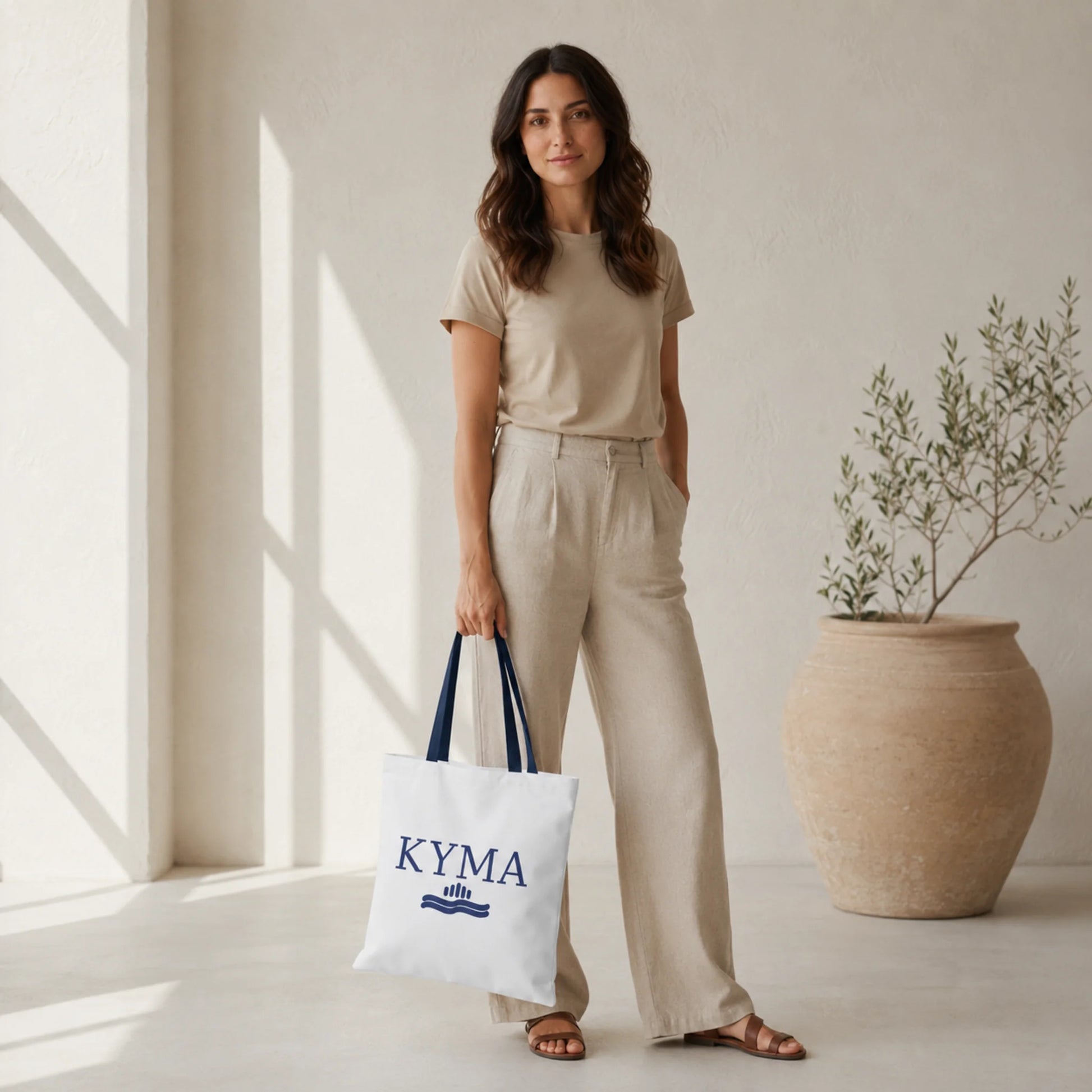 Woman holding a KYMA tote bag in a bright room with a plant.