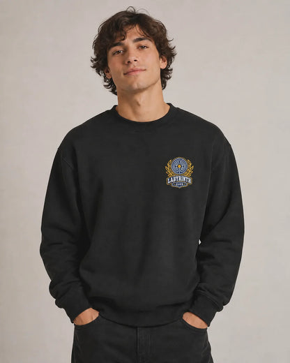 A man wearing a black crewneck sweatshirt with a gold, blue, and white crest graphic on the left chest, standing against a neutral light gray background.