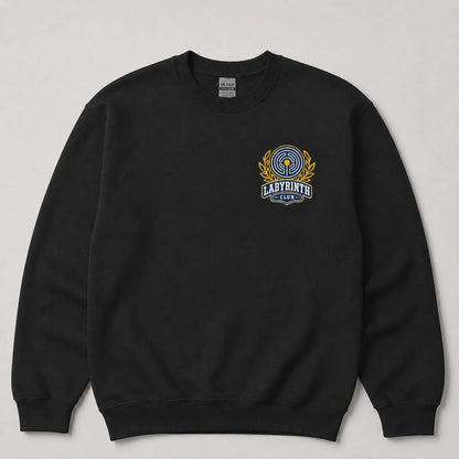 A black crewneck sweatshirt with a colorful 'Labyrinth Club' graphic on the left chest, displayed flat against a light gray background.