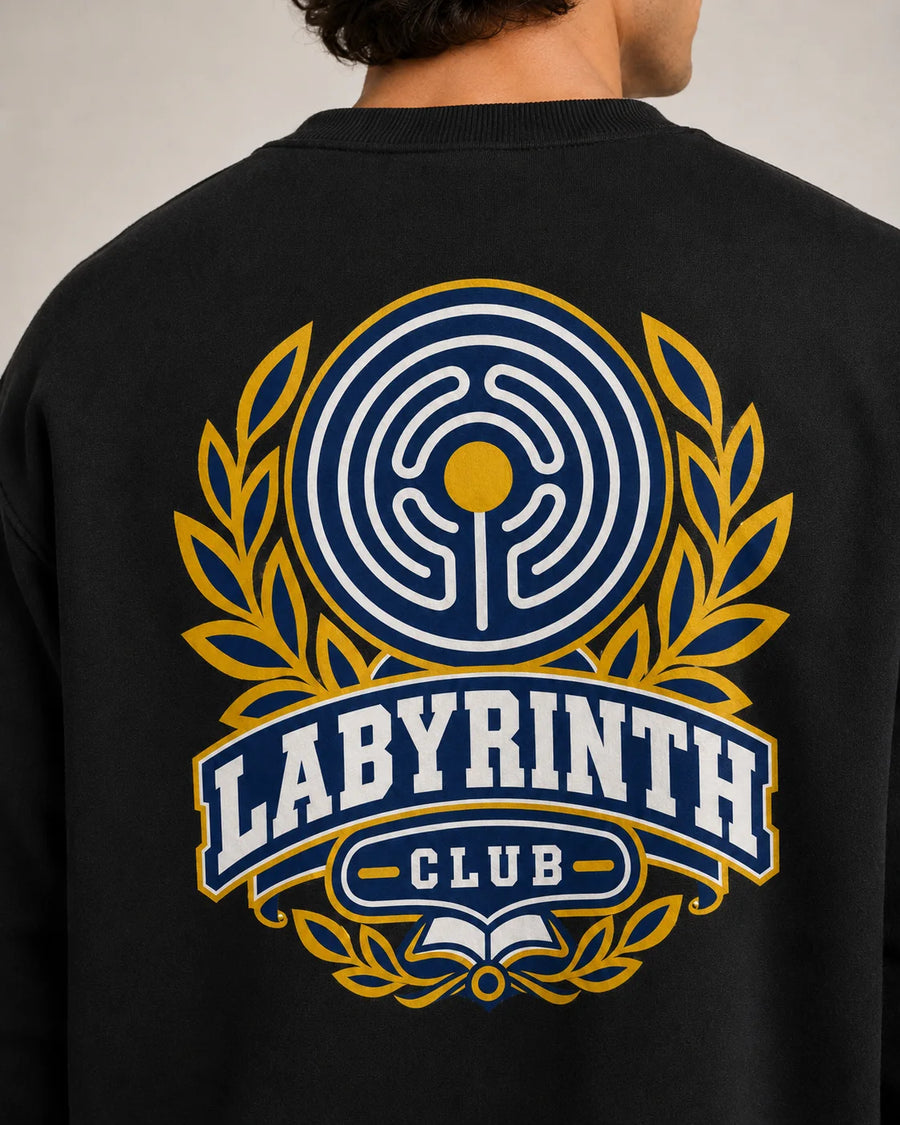 TP HERO: A close-up of a person's back wearing a black sweatshirt with a large graphic print. The graphic features a blue and white maze emblem inside a laurel wreath, with a banner below reading 'LABYRINTH CLUB' in white text on a blue background.