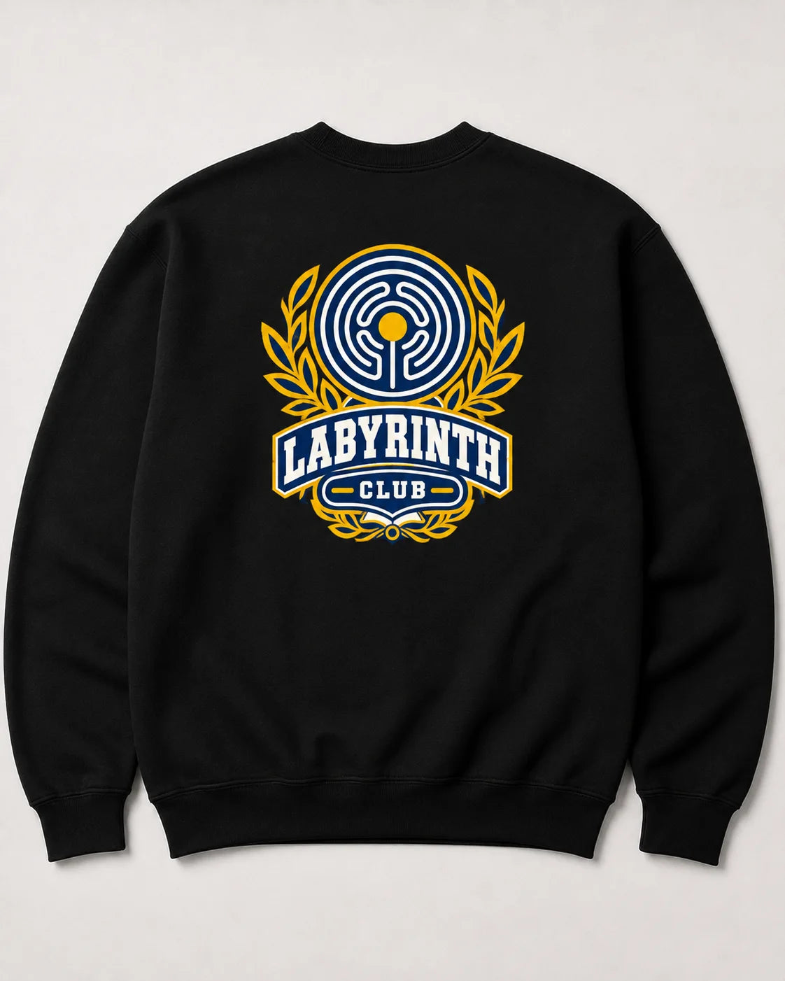 A black crewneck sweatshirt featuring a large 'Labyrinth Club' graphic on the chest, displayed against a light gray background.