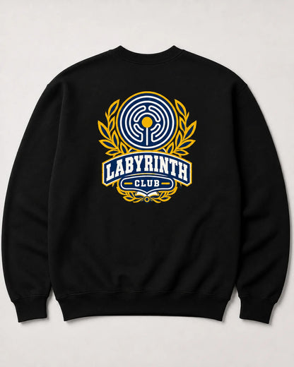 A black crewneck sweatshirt featuring a large 'Labyrinth Club' graphic on the chest, displayed against a light gray background.