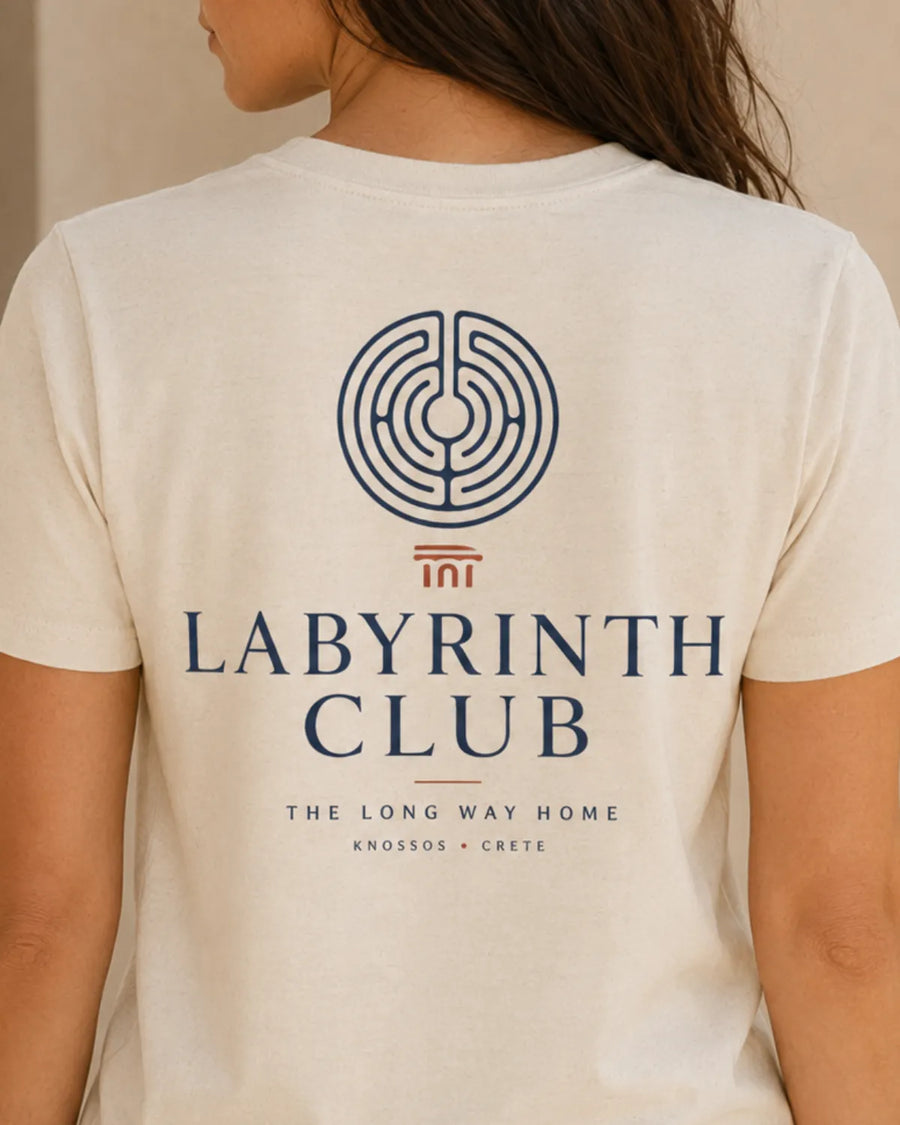 Natural Labyrinth Club T-shirt back print with Mediterranean labyrinth symbol graphic.