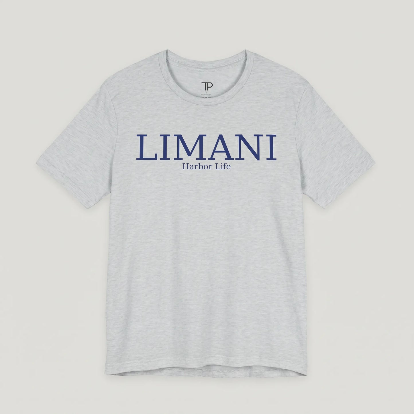 Gray t-shirt with 'LIMANI' and 'Harbor Life' text on a light gray background
